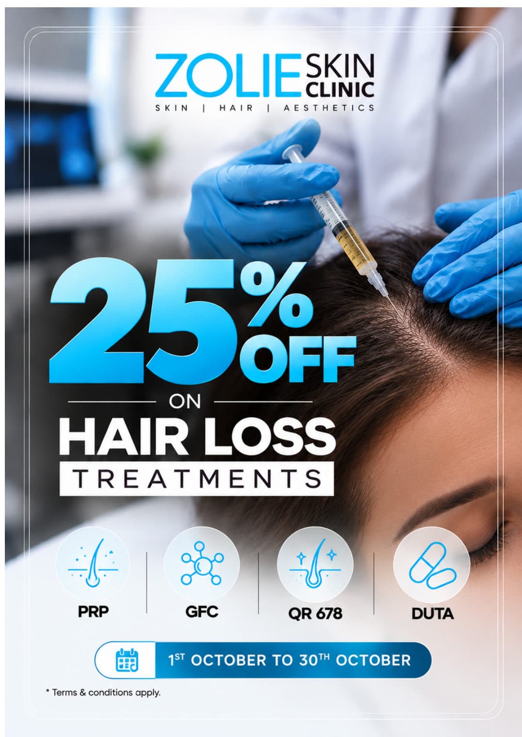 25% off on Hair Loss Treatments – PRP, GFC, QR 678, Duta